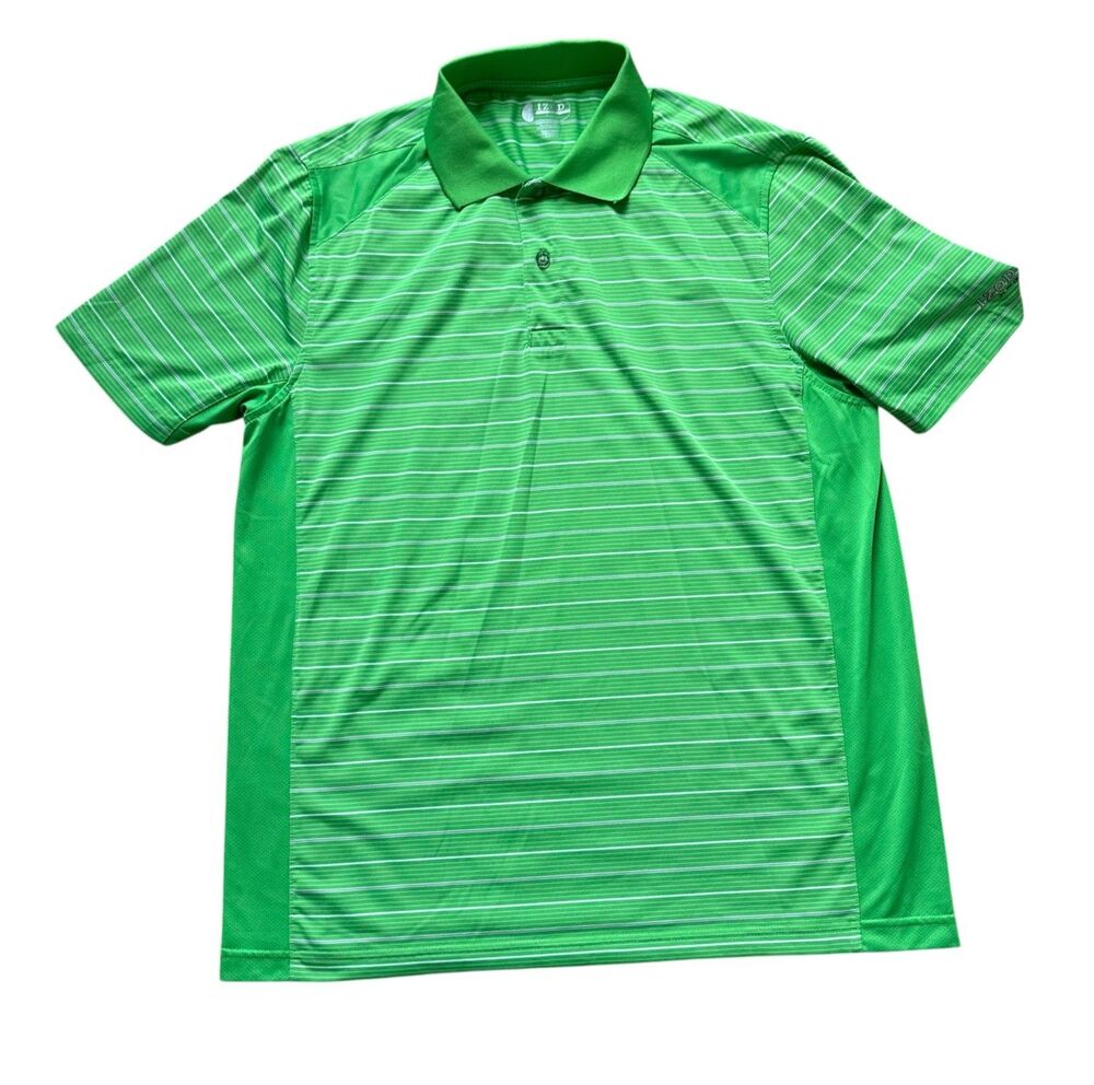 Izod Shirt Mens Small Green Striped Henley Golf Short Sleeve Collar Sz S